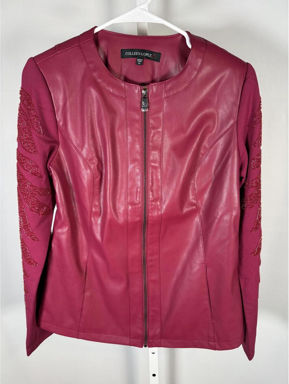 NWT Colleen Lopez Beaded Mesh Sleeve Faux Leather Moto Jacket Size Large - Picture 3 of 7